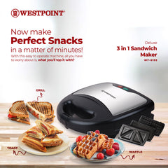 WESTPOINT 3-in-1 Sandwich Maker  - FREE SHIPPING – Grill, Toast & Waffle Maker for Quick, Easy Snacks WF-6193