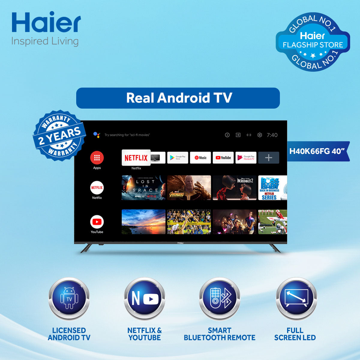 Haier 40" Full HD Android TV 40-K66 – Android 11, Dolby Audio, 1920x1080 Resolution, 3 HDMI Ports