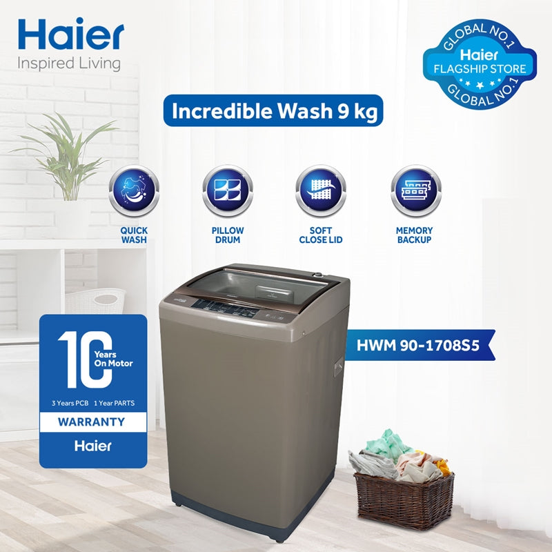 Haier 90-1708 Top Loading Washing Machine – 9 kg Capacity, 1300 RPM, Digital Panel, Glass Lid, and Advanced Features