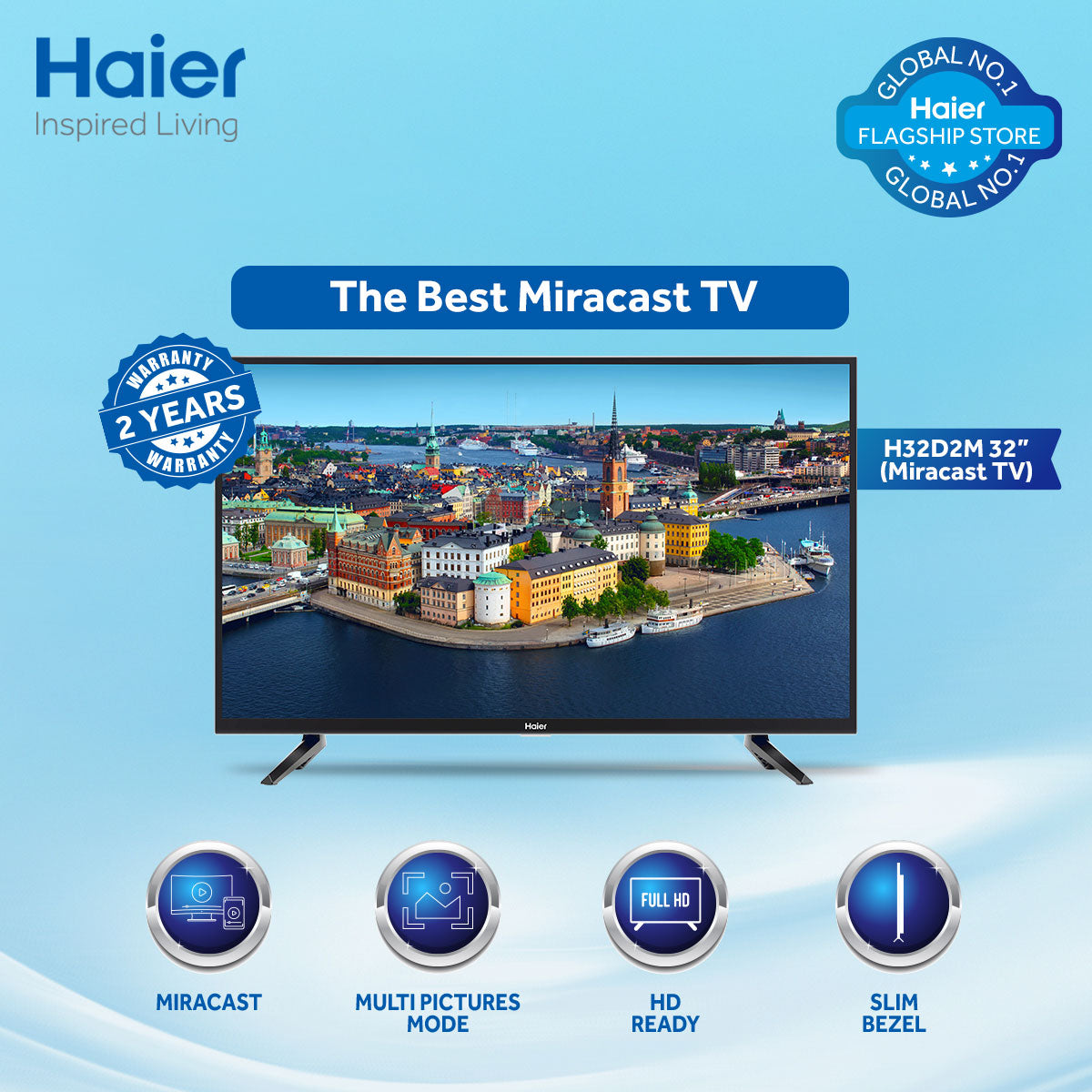 Haier 32" H-Cast Series LED TV H32D2M with Screen Mirror (SH-CAST) – 1366x768 Resolution, Dolby Digital, 3 HDMI Ports