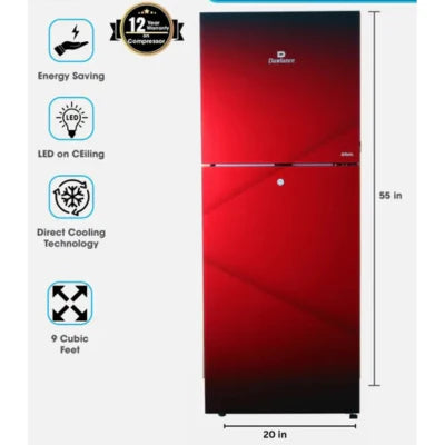 Dawlance 9140 Glass Door Refrigerator – 12 cu. ft. Inverter Refrigerator in Red & Burgundy