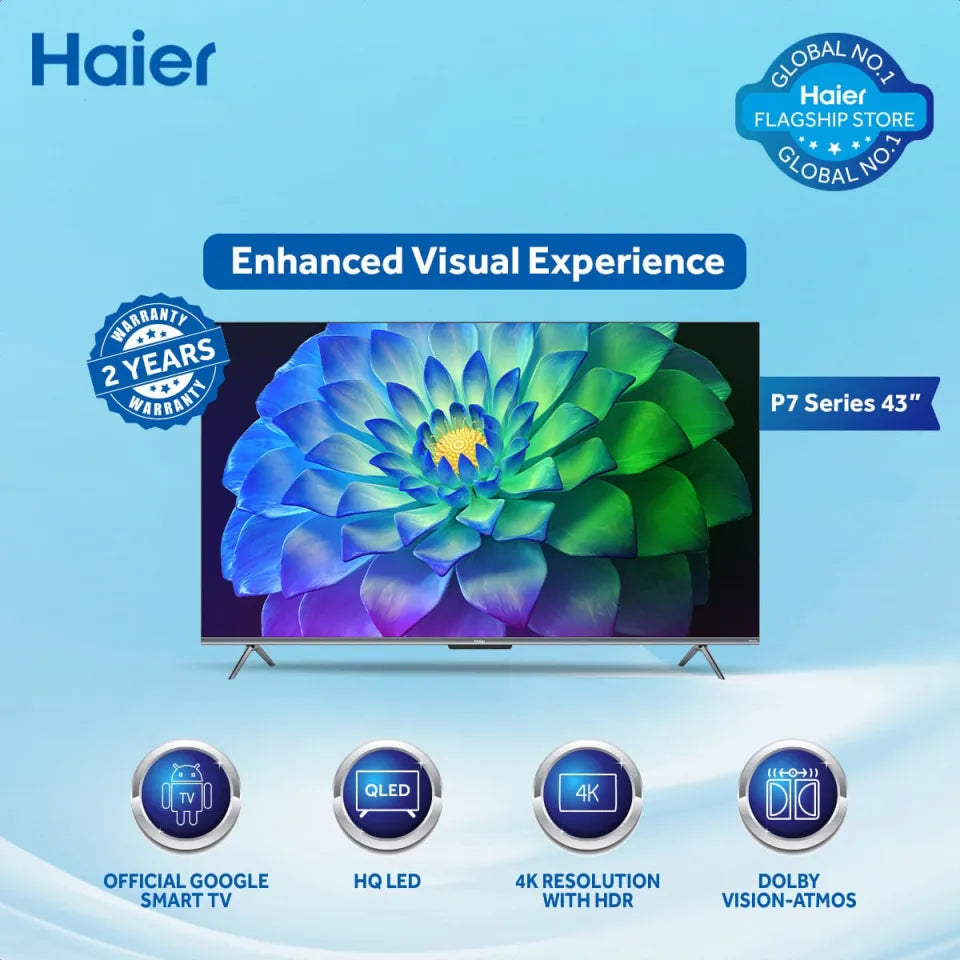 Haier 43" 4K UHD Google TV 43-P7UX – Dolby Atmos, Dolby Vision, HDR10, HDMI 2.1, Android 11